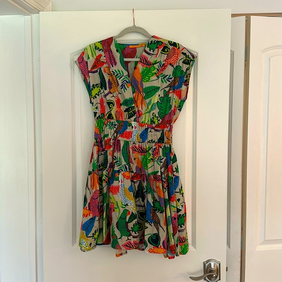 Oliphant smocked waist multi-colored bird print mini dress - Picture 3 of 6